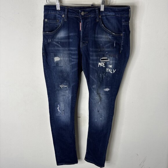 Dsquared2 Slim Stretch Jeans Men’s 32x31 Blue Distressed Paint Splatter Italy - Picture 1 of 11